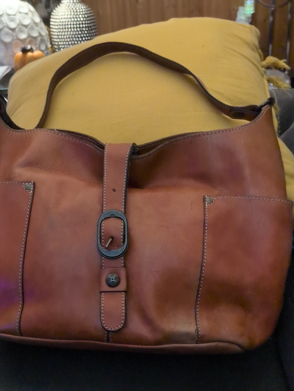 Women's Tan Leather Messenger Bag with Front Buckle